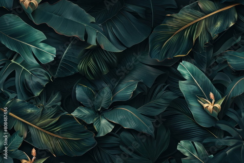 tropical flowers  dark tone  leaves and palm leaves