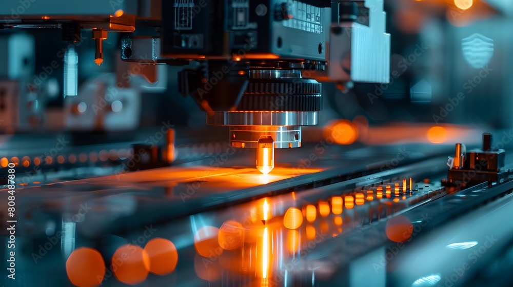 An advanced vertical micro processing machine in action, with glowing orange light on the base. high-tech precision at work in innovative. An advanced vertical micro processing machine in action, with glowing orange light on the base. high-tech precision at work in innovative.