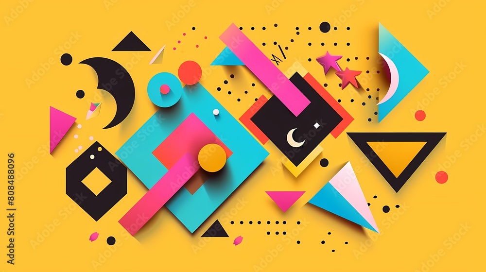 colorful geometric elements in the shape of a circle, including a black diamond, yellow poster, and pink arrow colorful geometric elements in the shape of a circle, including a black diamond, yellow poster, and pink arrow