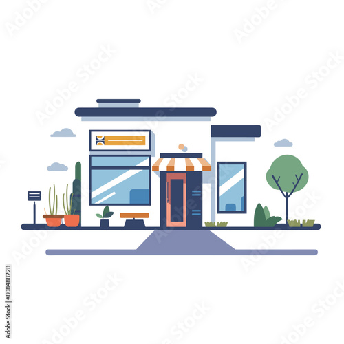 Flat design vector illustration modern store exterior. Commercial building storefront windows, awning, plants. Graphic concept web banner, advertisement showing retail, local shop front