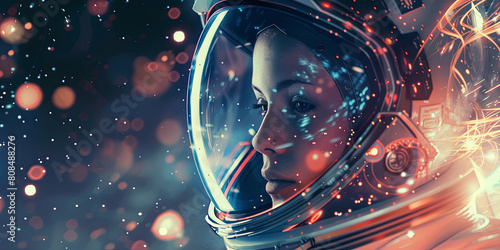 beautiful woman astronaut with an intricate spacesuit helmet made of glass, generative AI photo