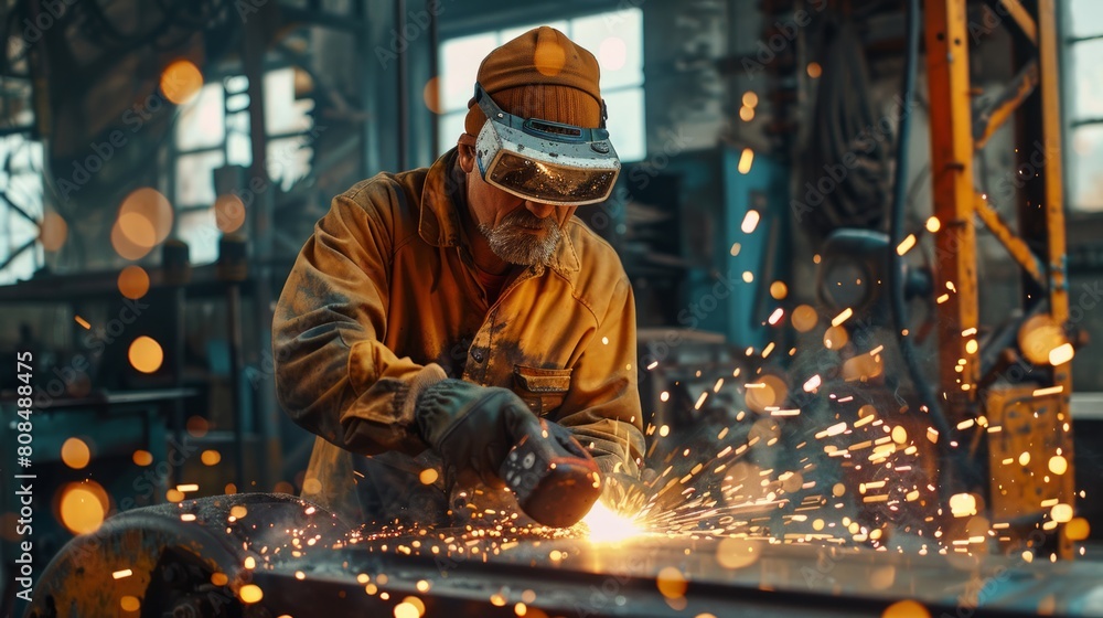 Locksmiths in special suits and glasses work in production. Metal processing with an angle grinder Spark in metalwork Locksmiths in special suits and glasses work in production. Metal processing with an angle grinder Spark in metalwork