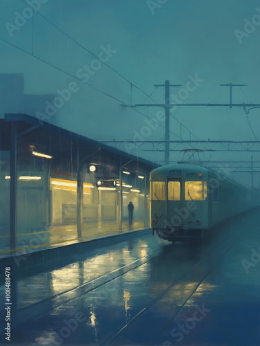 Rainy Afternoon Station Impression, Small Town Style Oil Painting Decoration, Living Room and Bedroom Wall Art Accessories.