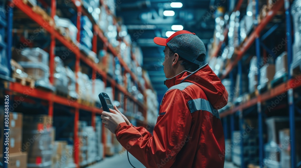 warehouse worker using a handheld scanner to track the movement of goods through the facility, emphasizing the importance of inventory management in global trade. warehouse worker using a handheld scanner to track the movement of goods through the facility, emphasizing the importance of inventory management in global trade.