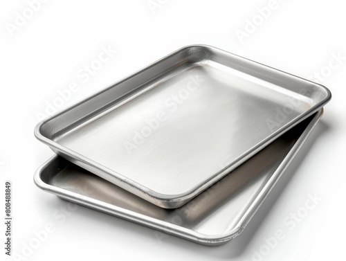 Baking Sheets One or two baking sheets, side view, emphasizing their surface and edges, perfect for culinary tasks, isolated on white blackground.