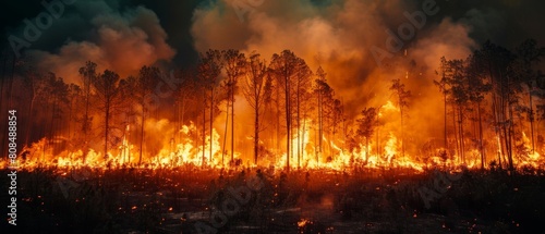 Intense ground-level shot of flames consuming a dense forest, fire spreading rapidly under a dark smoke-filled sky