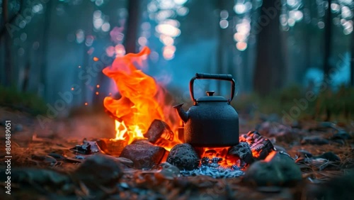 Kettle on campfire background A large black kettle on a forest camping stove. Bonfire at night, adventure or travel concept photo