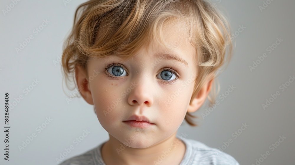 Cute young child with prominent protruding ears on a light background. Most commonly treated auricular deformity. Setback otoplasty banner. copy space for text. Cute young child with prominent protruding ears on a light background. Most commonly treated auricular deformity. Setback otoplasty banner. copy space for text.