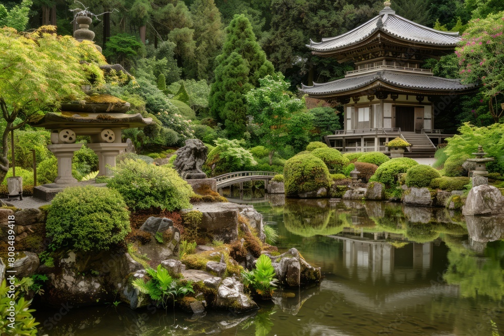 A traditional temple garden nestled within the grounds of a historic Buddhist temple, with tranquil ponds, lush moss gardens, and ancient, Generative AI A traditional temple garden nestled within the grounds of a historic Buddhist temple, with tranquil ponds, lush moss gardens, and ancient, Generative AI