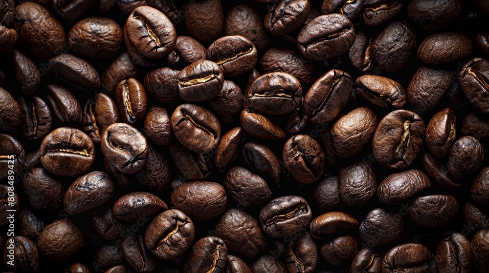 Fototapeta premium Full frame of espresso beans, dark and richly textured, ideal for a bold and robust background design