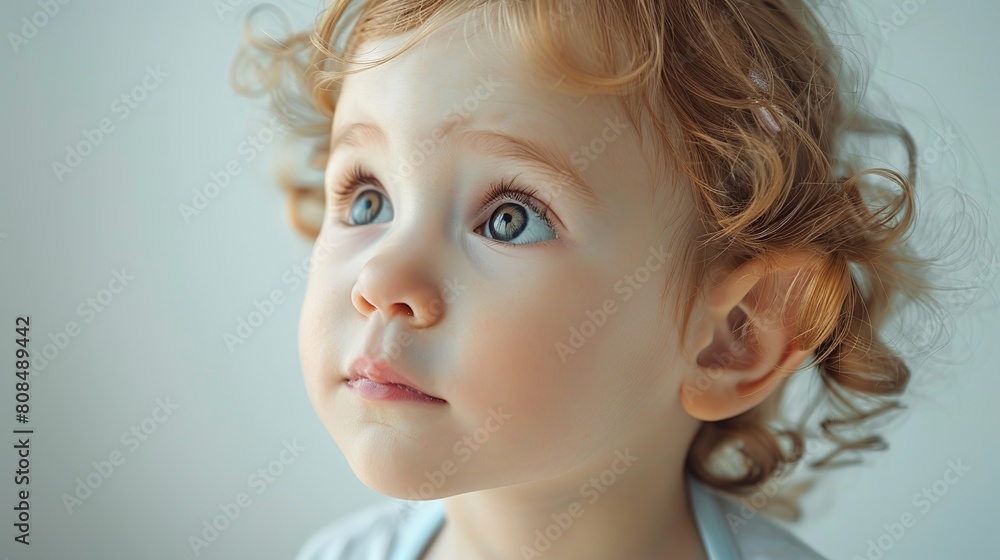 Cute young child with prominent protruding ears on a light background. Most commonly treated auricular deformity. Setback otoplasty banner. copy space for text. Cute young child with prominent protruding ears on a light background. Most commonly treated auricular deformity. Setback otoplasty banner. copy space for text.