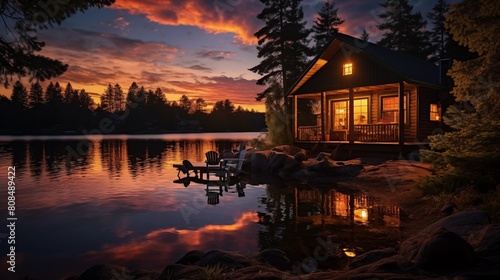 Lakeside Cabin at Sunset, Warm Glow Reflecting on the Water