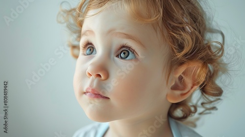 Cute young child with prominent protruding ears on a light background. Most commonly treated auricular deformity. Setback otoplasty banner. copy space for text.