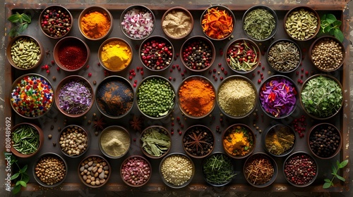 A colorful display of various spices and herbs arranged in small bowls on an background, the diversity and beauty. 