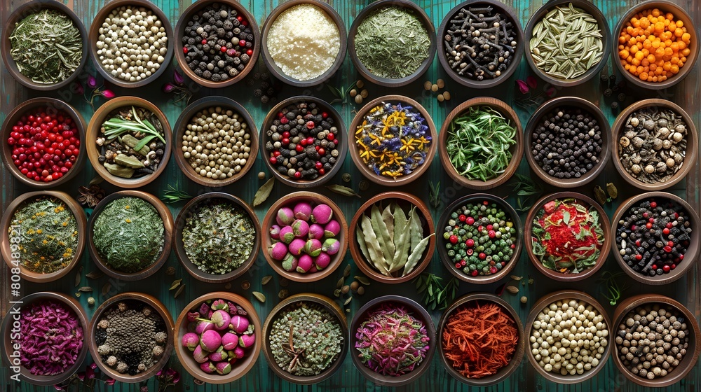 A colorful display of various spices and herbs arranged in small bowls on an background, the diversity and beauty. A colorful display of various spices and herbs arranged in small bowls on an background, the diversity and beauty.