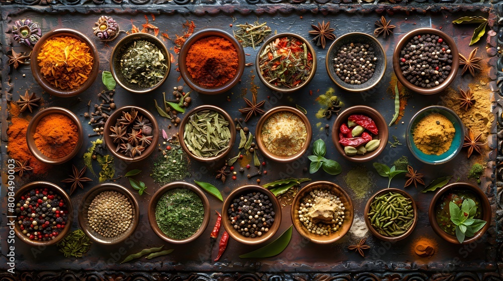 A colorful display of various spices and herbs arranged in small bowls on an background, the diversity and beauty. A colorful display of various spices and herbs arranged in small bowls on an background, the diversity and beauty.