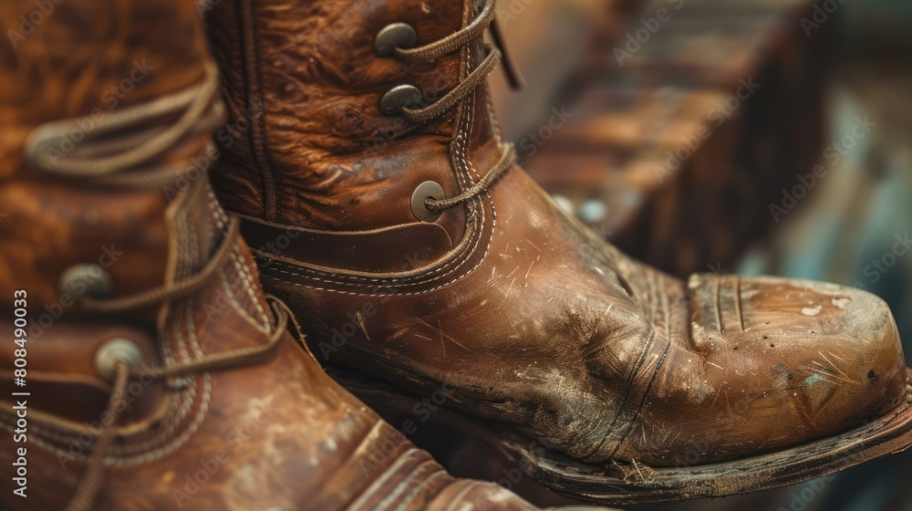 close-up photo of a pair of well-worn leather boots, showcasing the rich patina and intricate stitching, with a hint of ruggedness and timeless appeal. close-up photo of a pair of well-worn leather boots, showcasing the rich patina and intricate stitching, with a hint of ruggedness and timeless appeal.