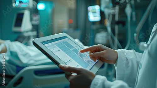 Doctor using digital tablet in hospital rooms. digital healthcare and medicine review. copy space for text.