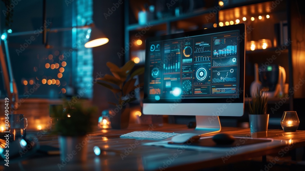 A computer monitor is lit up with a bright blue screen A computer monitor is lit up with a bright blue screen
