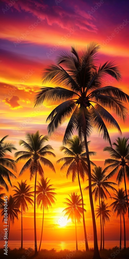 A colorful sunset with palm trees in the foreground, on a Caribbean beach. 