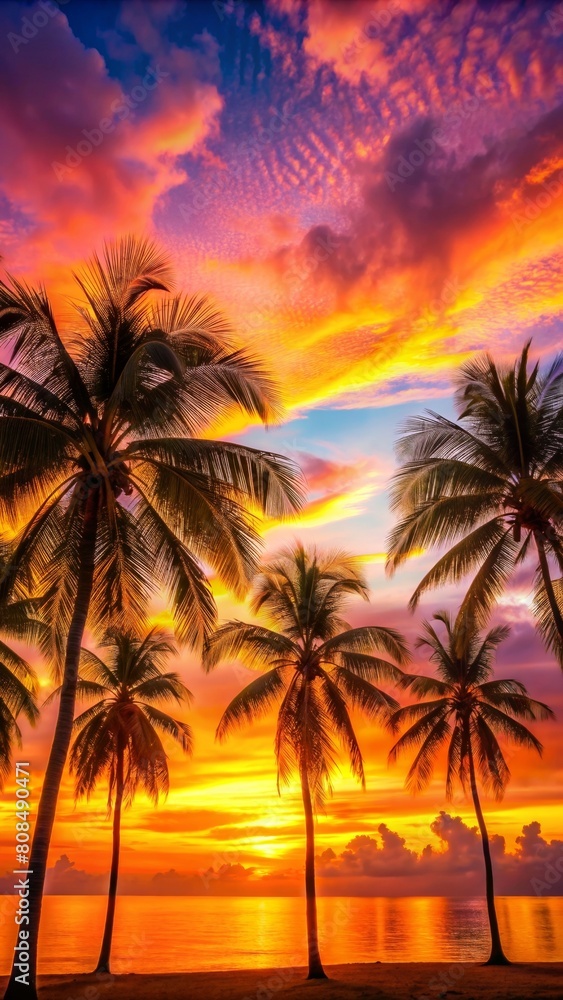 A colorful sunset with palm trees in the foreground, on a Caribbean beach. 