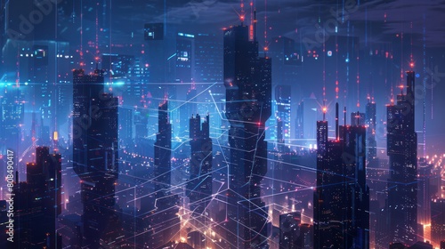 futuristic cityscape with towering skyscrapers  all interconnected by a network of glowing blockchain lines. 