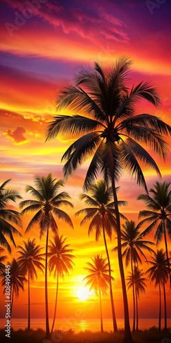 A colorful sunset with palm trees in the foreground  on a Caribbean beach. 