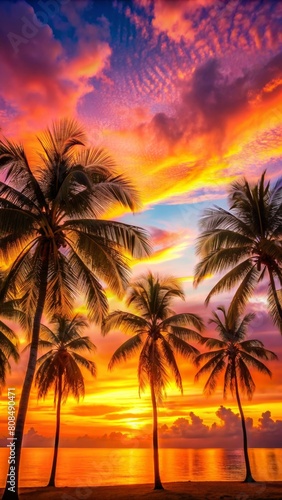 A colorful sunset with palm trees in the foreground, on a Caribbean beach.  © MrMachyH