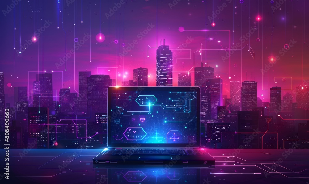 A computer monitor is displayed on a table with a city skyline in the background A computer monitor is displayed on a table with a city skyline in the background