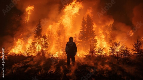 Dramatic scene of a firefighter silhouetted against a massive wall of fire and smoke in the forest photo