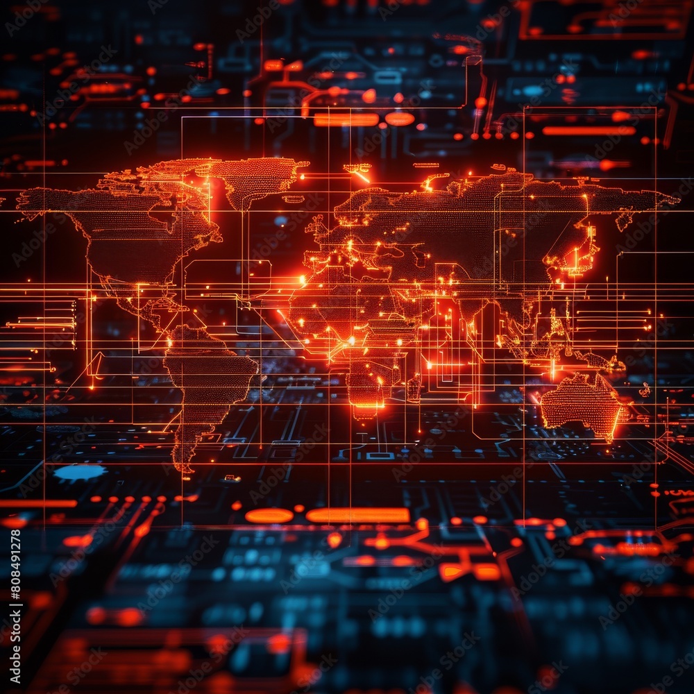 A computer generated image of a world with a red background and orange lights A computer generated image of a world with a red background and orange lights