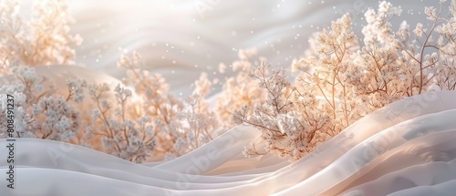 Delicate 3D sugar crystals growing on a minimalist vine, set against an abstract, soft-hued backdrop