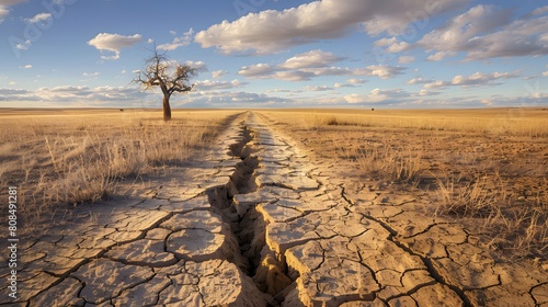 A cracked desert road leading to the horizon, symbolizing environmental challenges and climate change impact. The vast landscape has grasses. 