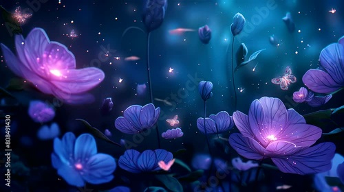Butterflies with bioluminescent flowers. Fantasy landscape anime or cartoon style, looping 4k video animation background photo