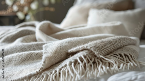 cozy throw blanket, woven from a blend of natural fibers like wool and cashmere, featuring a soothing color palette and a simple, elegant design. 