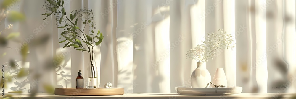 essence of tranquility in a minimalist setting with white vases and a small plant on a wooden table, framed by a white curtain essence of tranquility in a minimalist setting with white vases and a small plant on a wooden table, framed by a white curtain