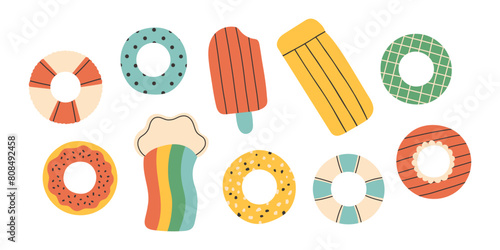 Inflatable rubber swimming rings set, top view. Swimming ring set. Vector flat Illustration isolated on white background