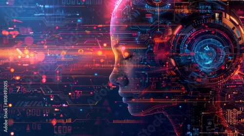 The image is of a futuristic woman with a lot of technology surrounding her