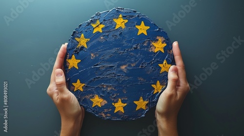 A hand holding a blue and yellow painted globe with stars on it photo