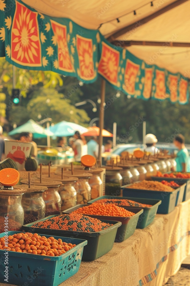 Global food festival, cultural performances amidst food stalls, diverse tastes and traditions