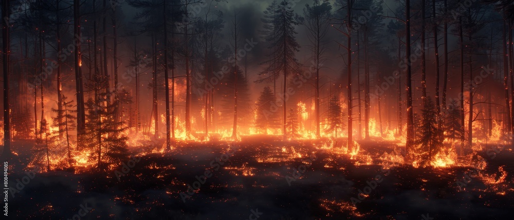 A surreal visual of trees as torches, a line of fire advancing through a dense forest at dusk A surreal visual of trees as torches, a line of fire advancing through a dense forest at dusk
