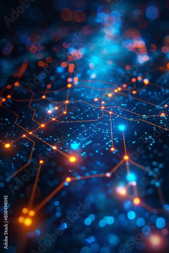 A computer chip with a blue background and orange lines