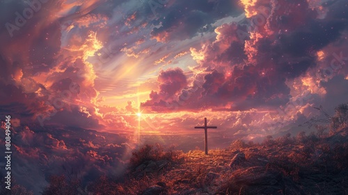 A tranquil yet powerful scene at Golgotha with soft pastel clouds parting to reveal heavenly light