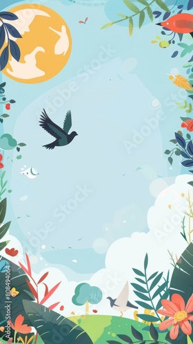 A painting of a bird soaring in the expansive sky  surrounded by clouds and sunlight. Copy space.