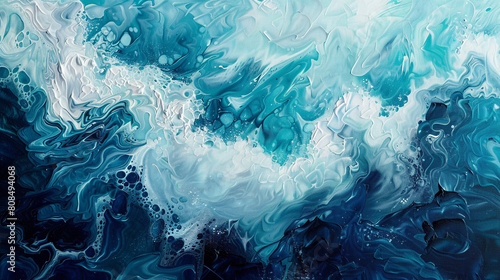 Oil seascape painting blending blues and whites for a dynamic, frothy sea foam effect. photo