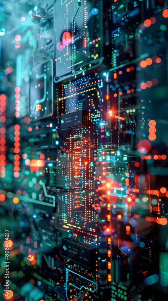 A computer chip with many lights on it A computer chip with many lights on it