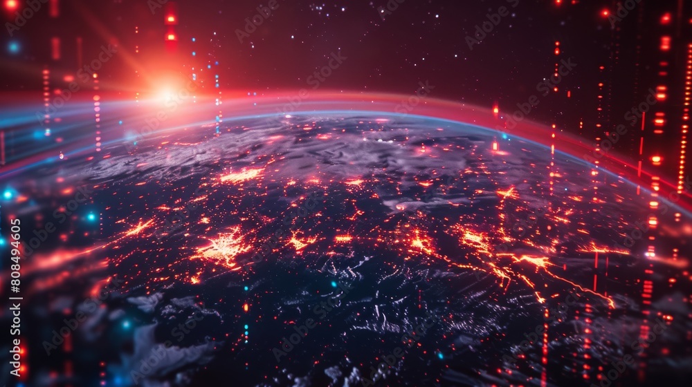 A planet with a bright sun in the background and a lot of red and blue lights A planet with a bright sun in the background and a lot of red and blue lights