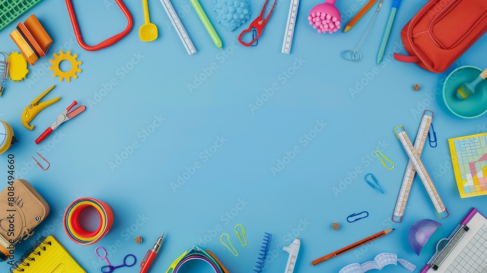 Differents school equipment on Blue Background Differents school equipment on Blue Background