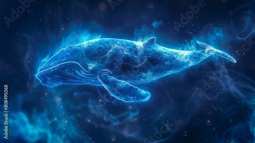 A blue glowing whale swimming through space.