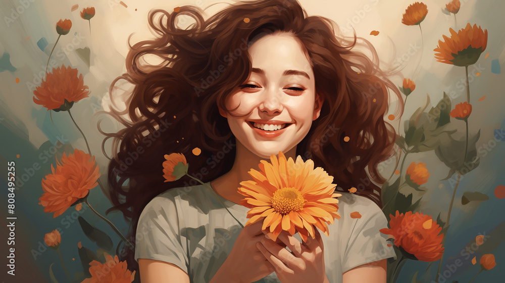 Blooming Joy: Woman Embracing a Flower with a Radiant Smile Blooming Joy: Woman Embracing a Flower with a Radiant Smile